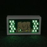 Professional studio photo of the Roronoa Zoro 3D LED Shadow Box with vibrant green LED lighting and multi-layered depth for anime-themed room decor.