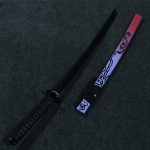 Professional studio photo of #1 Dragon Aura Wooden Sword with purple and pink gradient scabbard and black 104cm blade for gaming room decor.