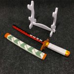 Professional photo of a 55cm Rengoku Tanto made of natural wood with flame patterns for anime decor.