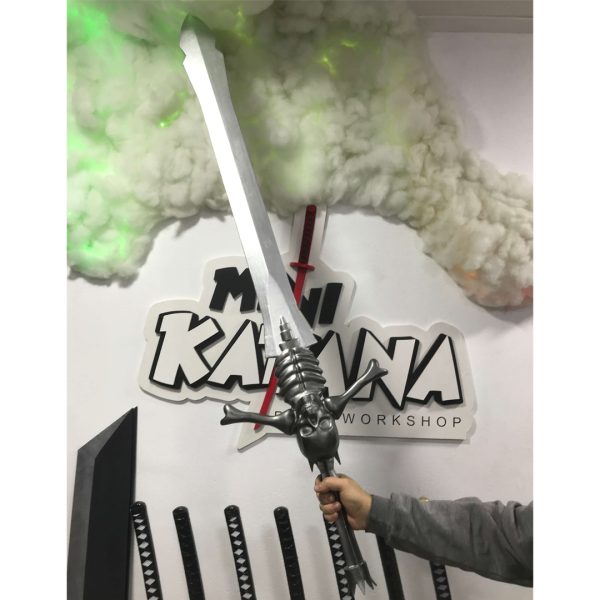 150 cm Dante Rebellion wooden sword replica with skeletal skull guard and life-size claymore blade for Devil May Cry cosplay.