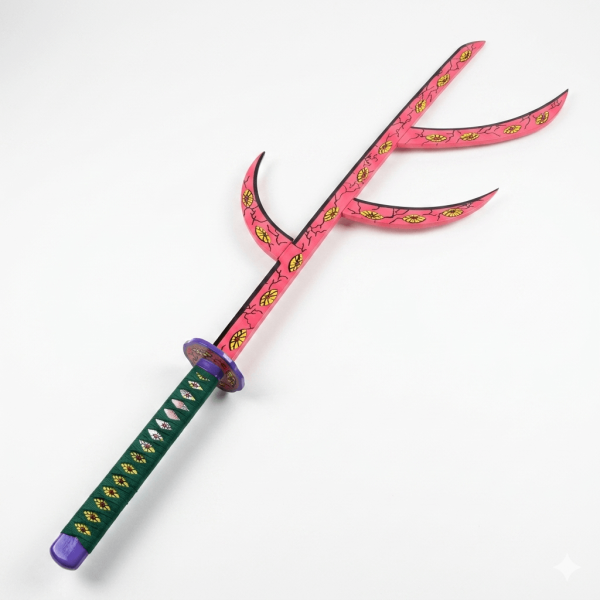 A handcrafted wooden replica of Kokushibo’s Flesh Sword from Demon Slayer, featuring a deep red blade with multiple yellow eye engravings and three organic branch blades, displayed on a sleek black stand with "Demon Slayer" branding.
