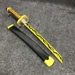 55cm Kaigaku wooden tanto mini katana with black and yellow flesh-vein lightning pattern, Upper Moon Six replica.