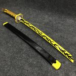85cm Kaigaku wooden wakizashi with black and yellow flesh-vein lightning pattern, Demon Slayer Upper Moon Six replica.