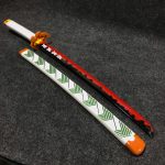 85cm Kyojuro Rengoku V2 wooden wakizashi with red flame pattern blade and flame-shaped guard, Demon Slayer replica.