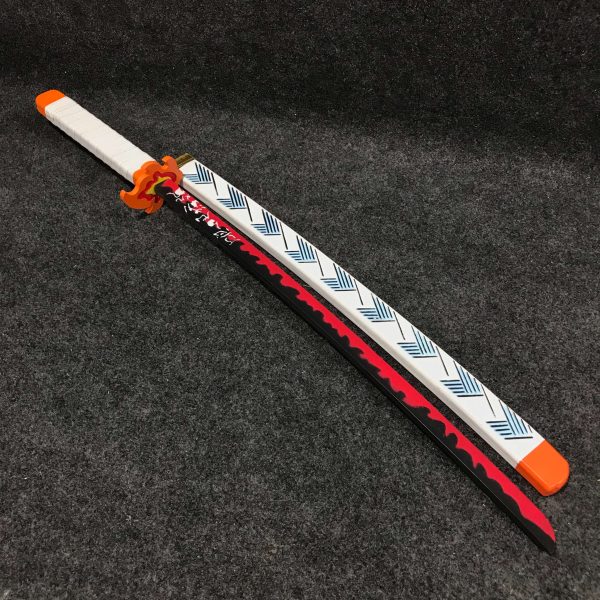 Budget friendly white and red low cost synthetic MDF wood Rengoku katana with scabbard for anime fans