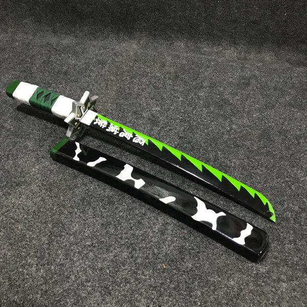 55cm Sanemi Shinazugawa wooden tanto mini katana with jagged green blade and star guard, Demon Slayer replica.
