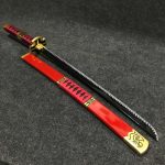 85cm Roronoa Zoro Sandai Kitetsu wooden wakizashi with deep red scabbard and cross-like guard, One Piece anime replica.