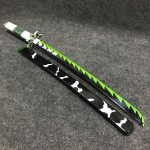 85cm Sanemi Shinazugawa wooden wakizashi with jagged green wind pattern and star guard, Demon Slayer replica.