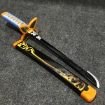 55cm Kanae Kocho wooden tanto mini katana with black blade and pink flower-petal guard, Demon Slayer replica.