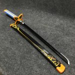 85cm Kanae Kocho wooden wakizashi with black floral blade and pink flower-petal guard, Demon Slayer replica.