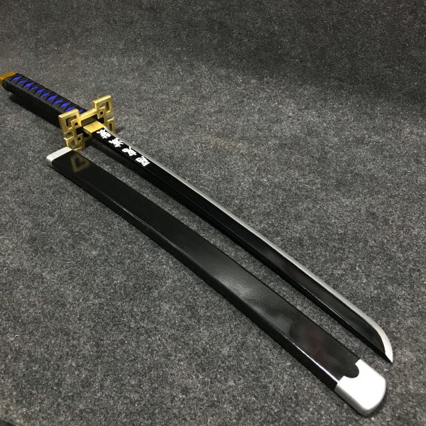 85cm Muichiro Tokito wooden wakizashi with black blade, golden rectangular guard, and teal-wrapped hilt.
