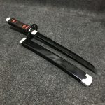 55cm Tanjiro Kamado wooden tanto mini katana with black blade and signature cartwheel guard, Demon Slayer replica