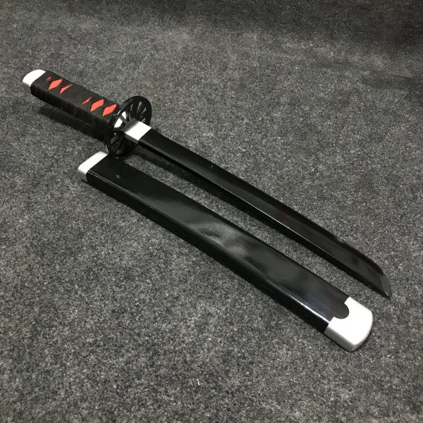 55cm Tanjiro Kamado wooden tanto mini katana with black blade and signature cartwheel guard, Demon Slayer replica
