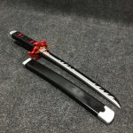 55cm Tanjiro Kamado V2 wooden tanto with black blade and flame-shaped guard, Demon Slayer replica.
