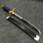 55cm Muichiro Tokito wooden tanto mini katana with black blade and rectangular golden guard, Demon Slayer replica.