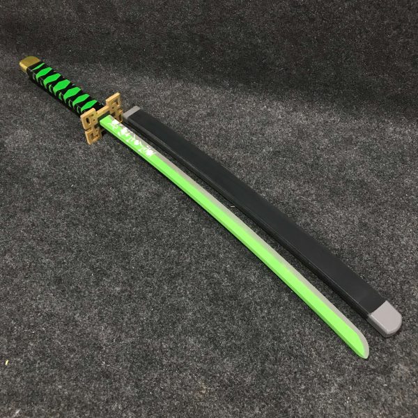Close up detail of rectangular Muichiro Tokito synthetic MDF wood sword hilt cosplay