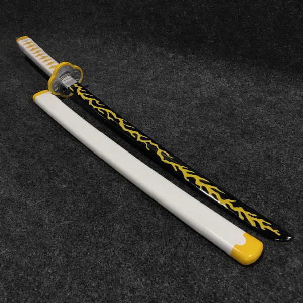 : 85cm Zenitsu Agatsuma wooden wakazashi with yellow lightning bolt pattern on a black display stand, Demon Slayer anime replica.